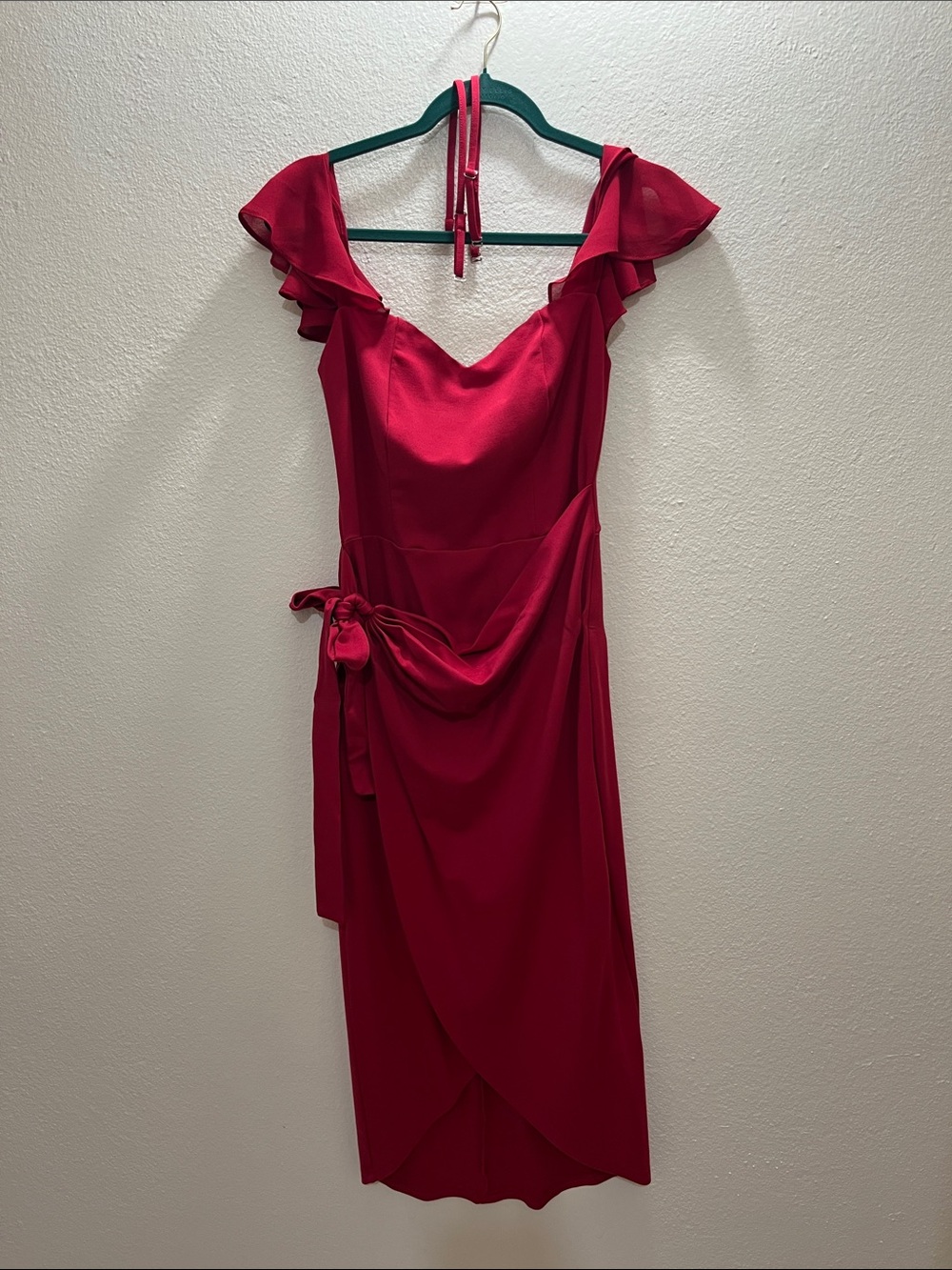 Flutter-Sleeve Midi Wrap Dress in Red
